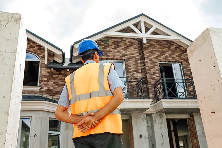 Construction worker in a reflective vest and helmet inspecting the services of a new house. Loft Conversions, House Extensions, Roofing, Bespoke Loft Conversions, House Renovations